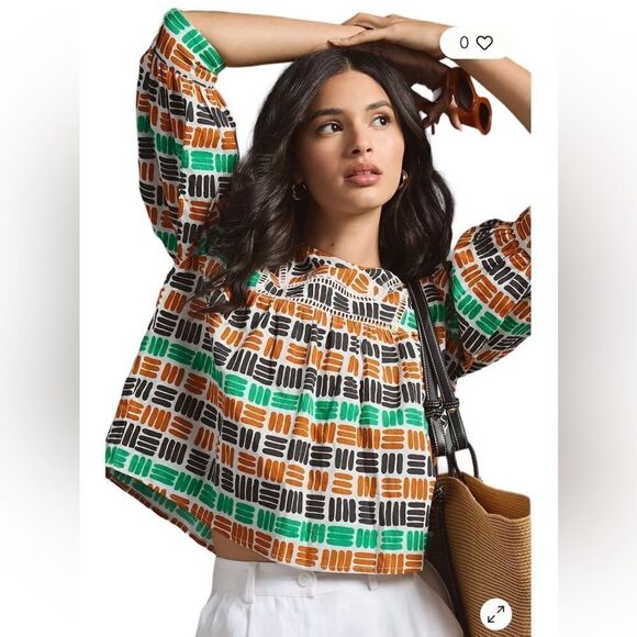 The Odell’s Kylie Blouse Anthropologie Crop Green Motiff Size XS NWOT - Picture 1 of 13